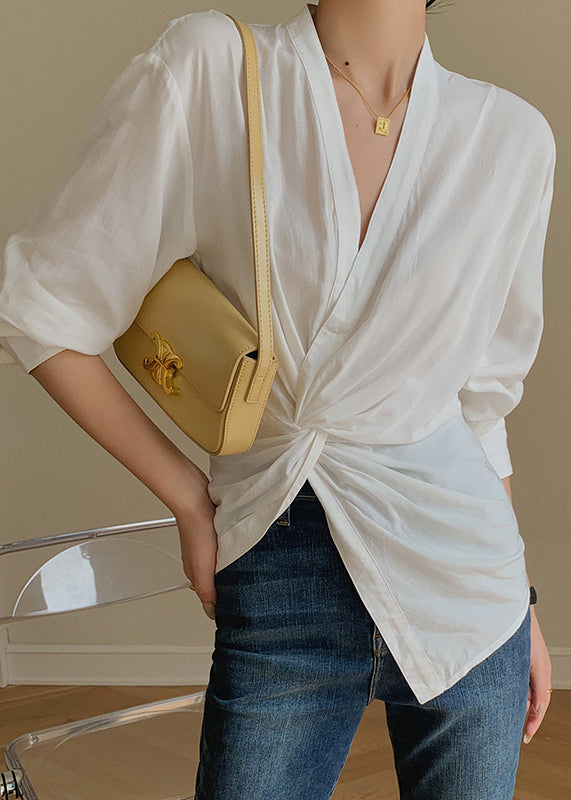 White V Neck Asymmetrical Patchwork Cotton Shirt Tops Long Sleeve