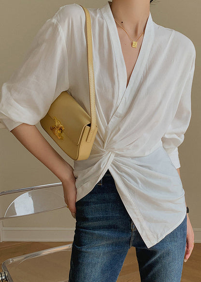 White V Neck Asymmetrical Patchwork Cotton Shirt Tops Long Sleeve