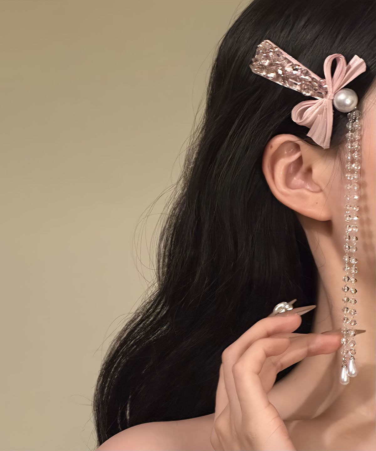 Novelty Pink Alloy Bow Zircon Tassel a Pair Hairpin