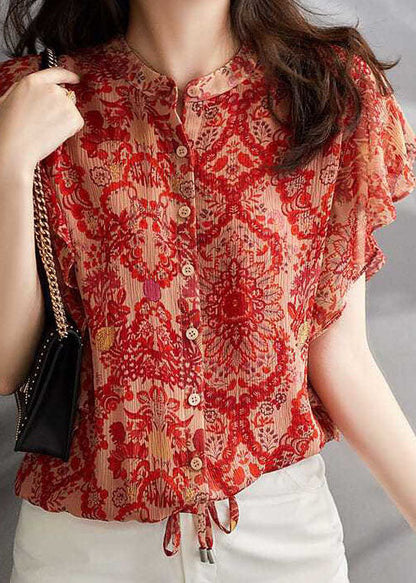 Red Ruffled Print Patchwork Silk Shirt Tops Summer
