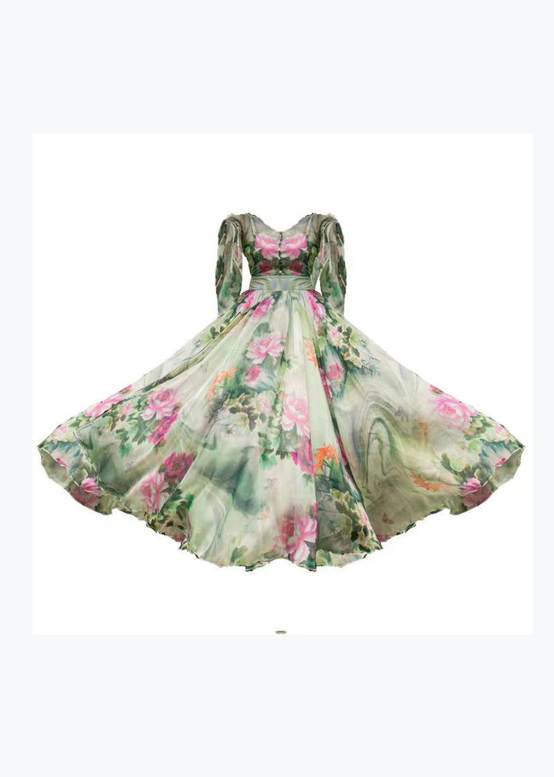 Stylish Green V Neck Chiffon Beach Long Dresses Flared Sleeve