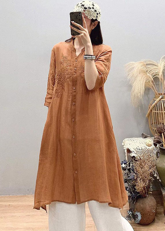 Orange Embroideried Linen Long Shirt Asymmetrical Design Three Quarter Sleeve