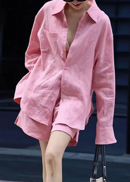 Modern Pink Button Shirts and Shorts Two Pieces Set Spring
