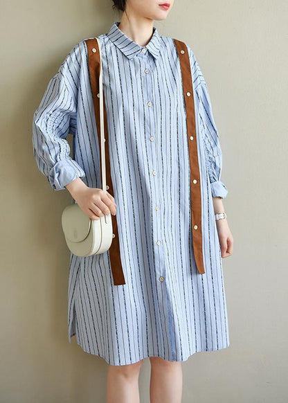 Blue Striped Cotton Button Spring Dresses