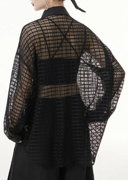 Black Peter Pan Collar Hollow Out Patchwork Lace Shirts Long Sleeve