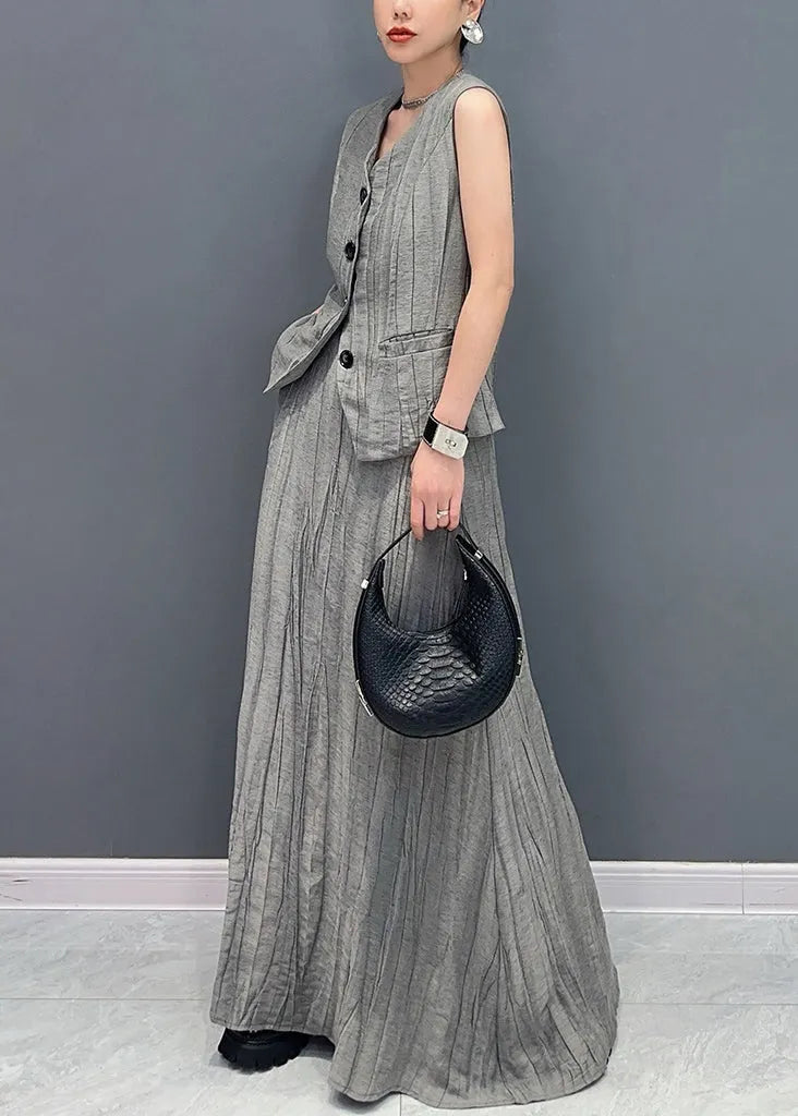 Grey Patchwork Button Top and Maxi Skirts Two Piece Set Summer