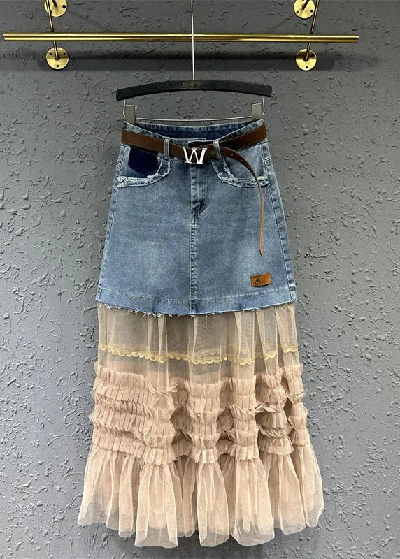 Colorblock Tulle Ruffled Pockets Patchwork Denim Skirt Fall