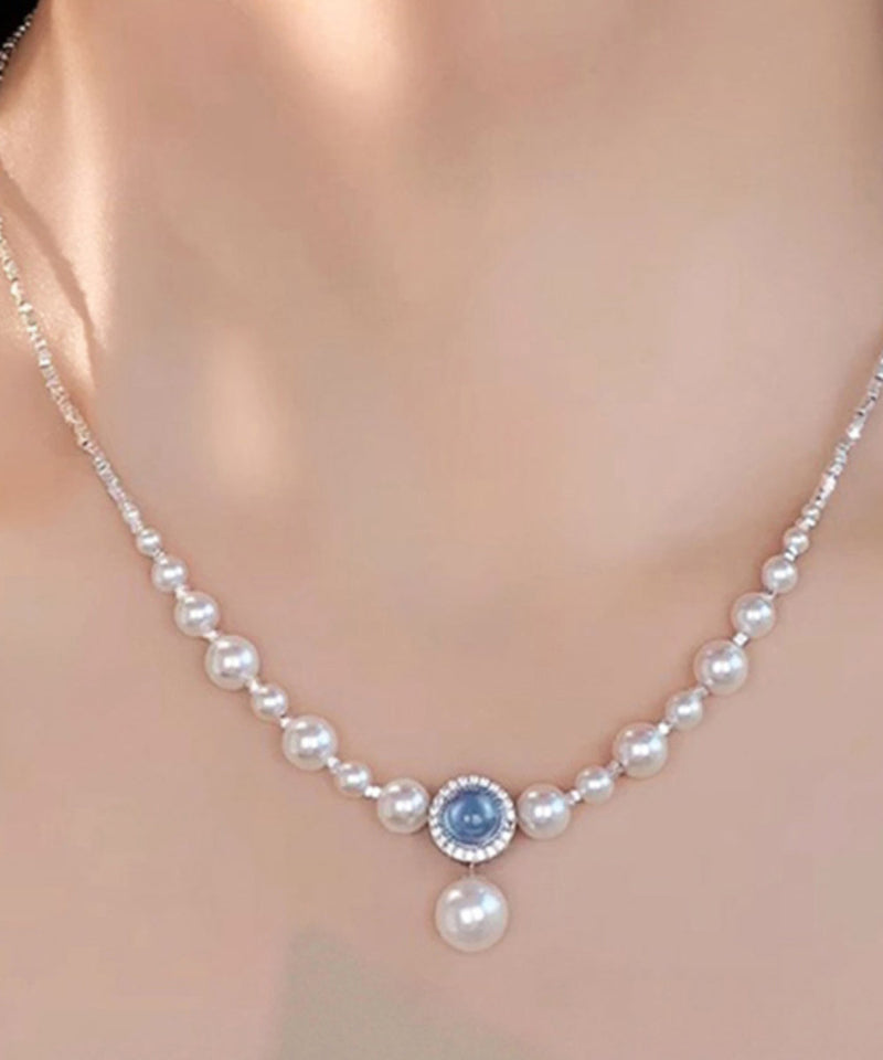 Blue Copper Silver Plating Pearl Broken Silver Gem Stone Pendant Necklace