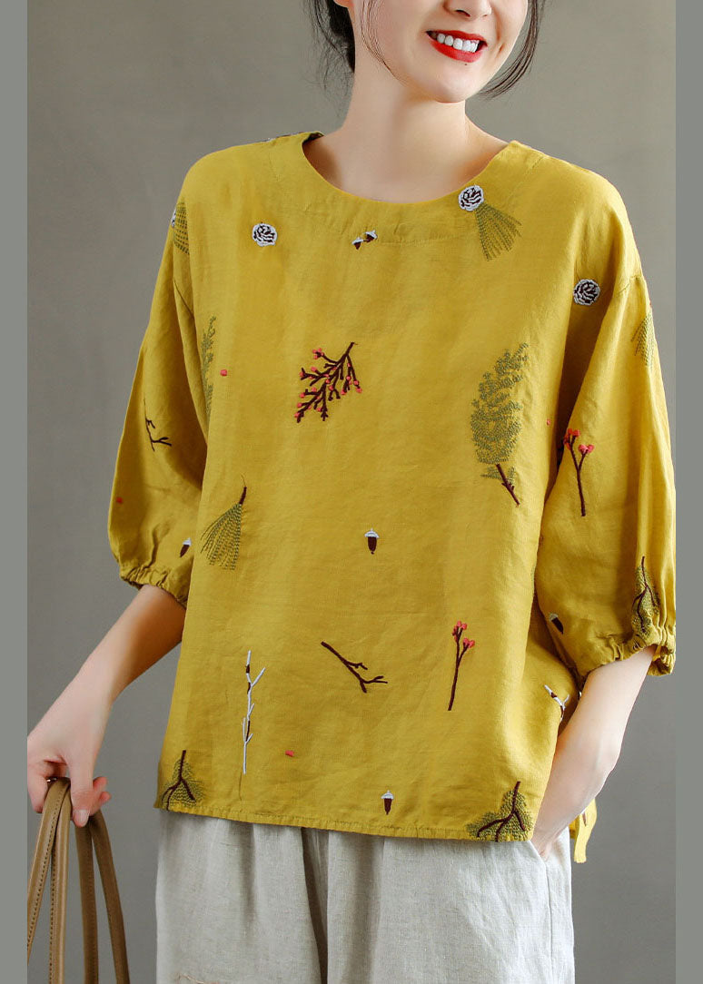 Yellow O-neck Embroideried Linen Tank Top Lantern Sleeve