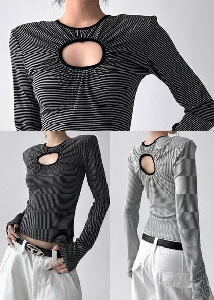 French Black Striped Hollow Out Cotton Top Fall