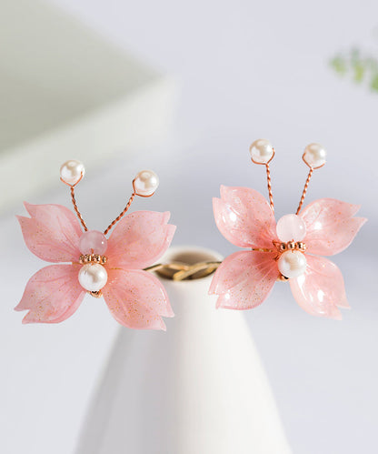 Pink Copper Alloy Pearl Colored Glaze Butterfly Hairpin