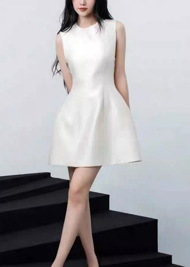 New White Bow High Waist Cotton Party Dress Sleeveless