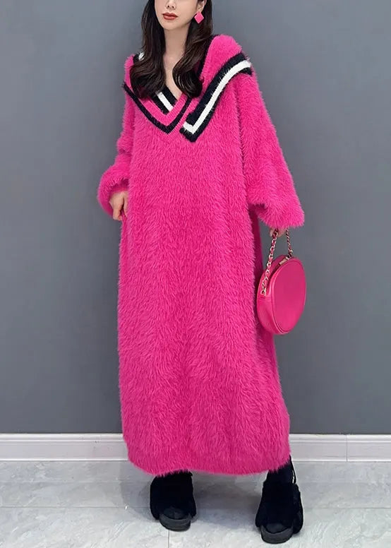 New Rose V Neck Patchwork Mink Velour Maxi Dresses Long Sleeve