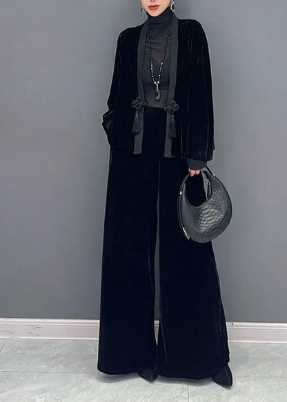 French Black V Neck Patchwork Button Silk Velour Coats and Wide Leg Pants Two Pieces Set Fall