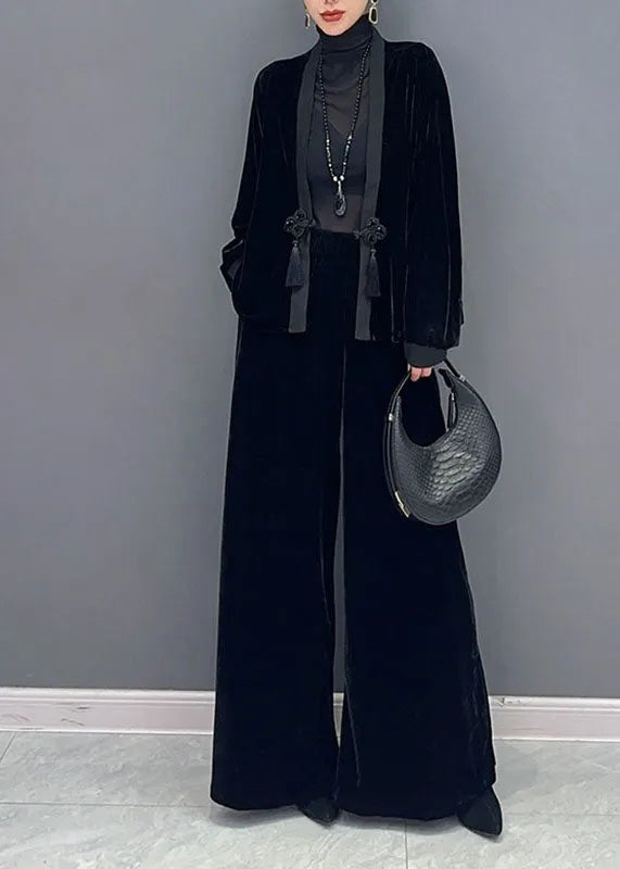 French Black V Neck Patchwork Button Silk Velour Coats and Wide Leg Pants Two Pieces Set Fall