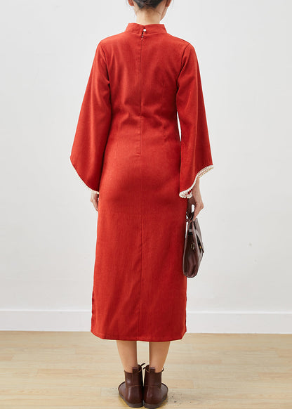 Orange Silm Fit Cotton Vacation Dresses Cheongsam Flare Sleeve