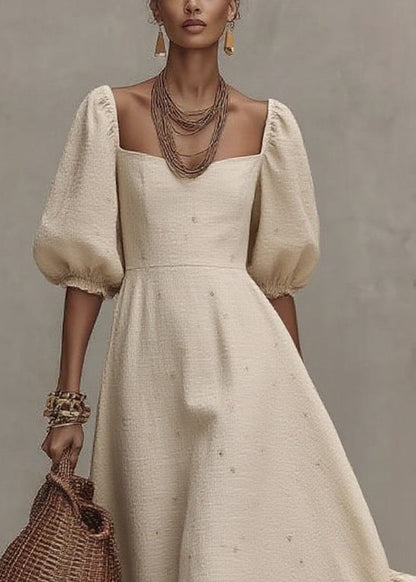 Loose Beige Square Collar Print Long Dress Short Sleeve