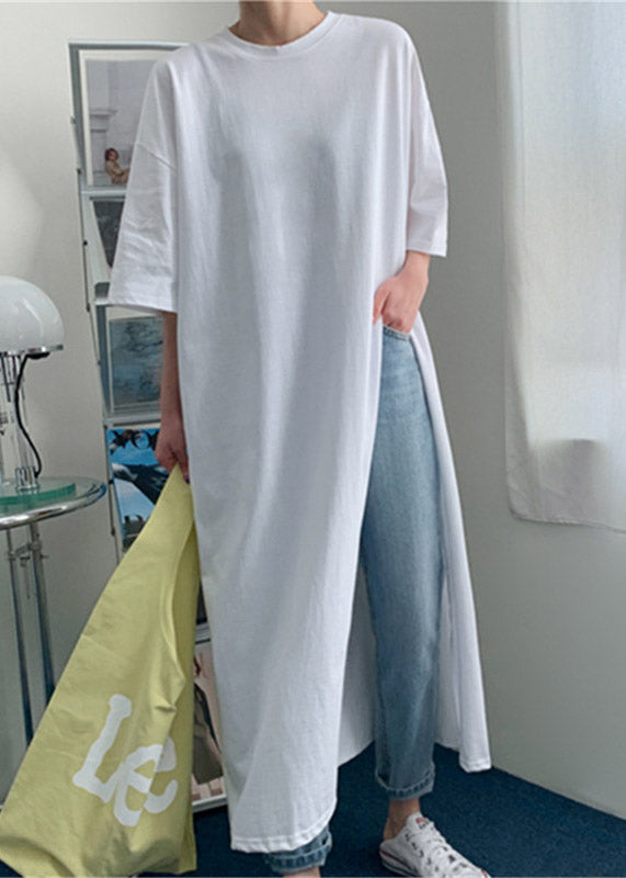 White O-neck Cotton Long T Shirt Half Sleeve