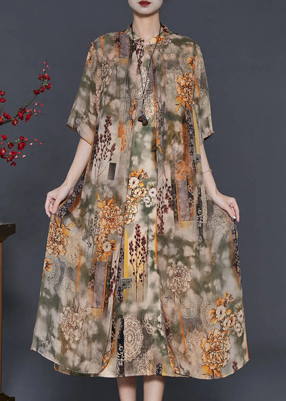 Khaki Stand Collar Print Chiffon Fake Two Piece Dress Summer