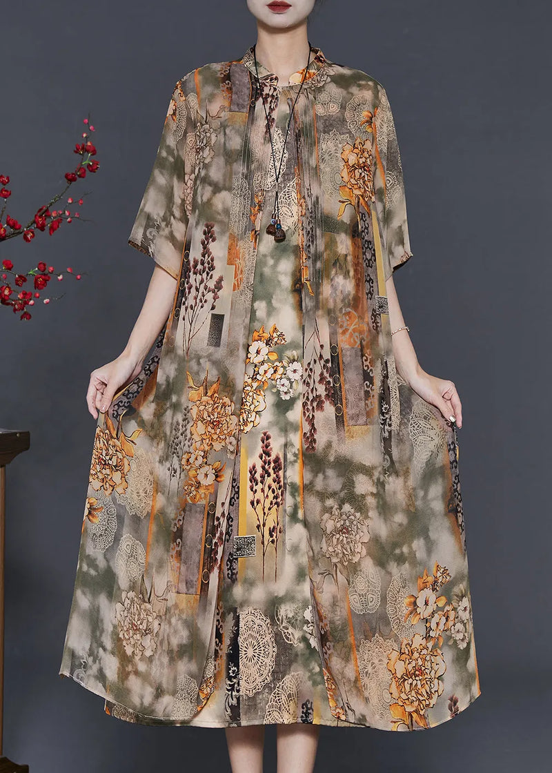 Khaki Stand Collar Print Chiffon Fake Two Piece Dress Summer