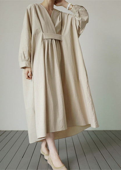 Beige V Neck Wrinkled Cotton Dress Long Sleeve