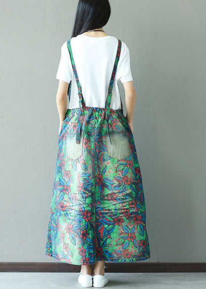 Green Patchwork Pockets Print Elastic Waist Dress Spring