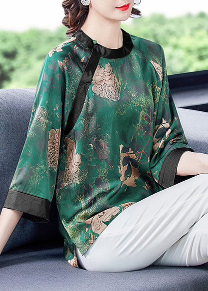 Green O-neck Patchwork Print Silk Shirt Tops Bracelet Sleeve