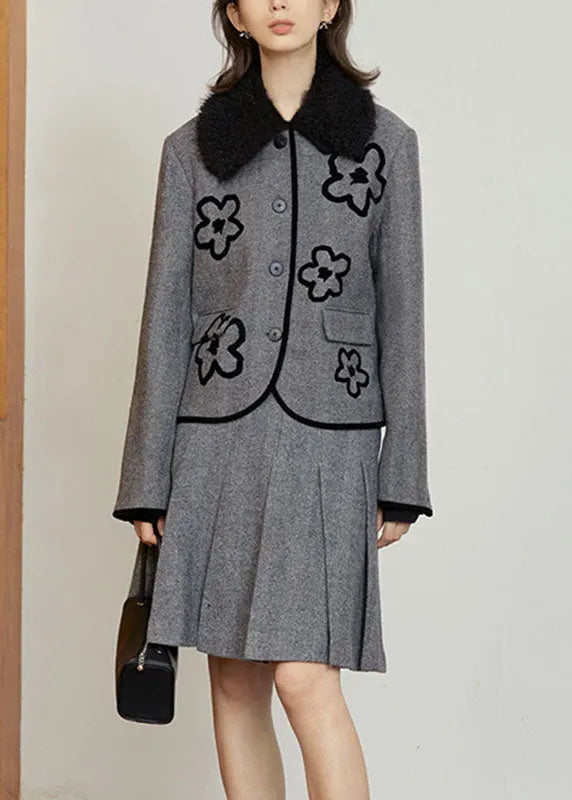 Organic Grey Button Woolen Coat and Skirts Two Pieces Set Fall