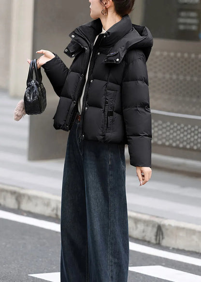 Black Pockets Duck Down Jacket Hooded Winter