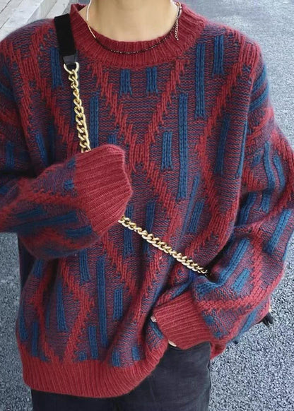 Dark Blue O-neck Thick Plaid Knit Sweaters Fall