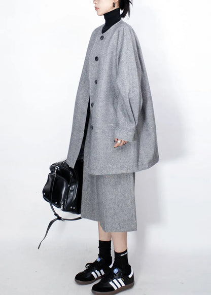 Fine Grey Button Coat and High?waist Crop Pants Woolen Two Pieces Set Fall