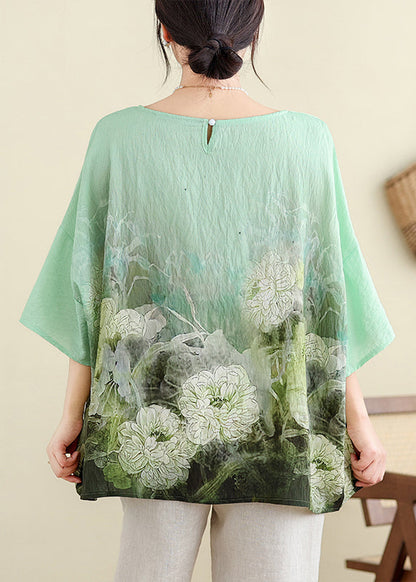 Light Green O Neck Print Cotton T Shirt Batwing Sleeve
