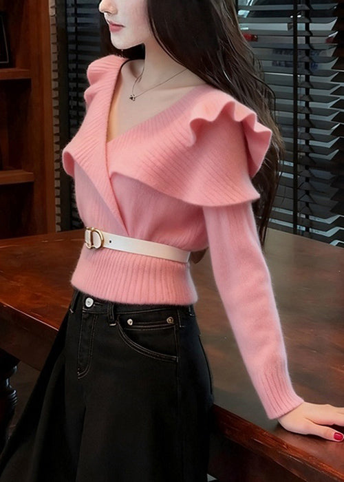 Art Pink V Neck Ruffled Knit Sweater Fall