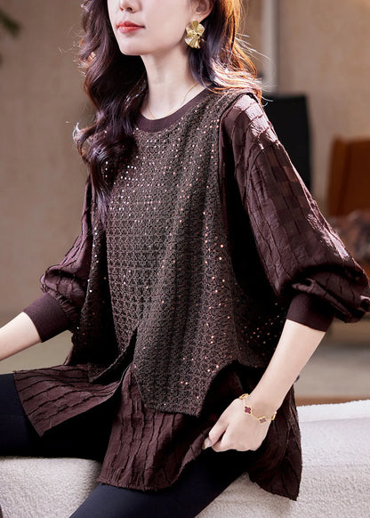 Organic Coffee Sequins Patchwork Fake Two Pieces Shirt Fall