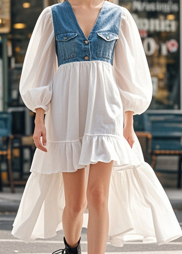 White Puff Sleeve Patchwork Denim Low High Design Cotton Dress Spring