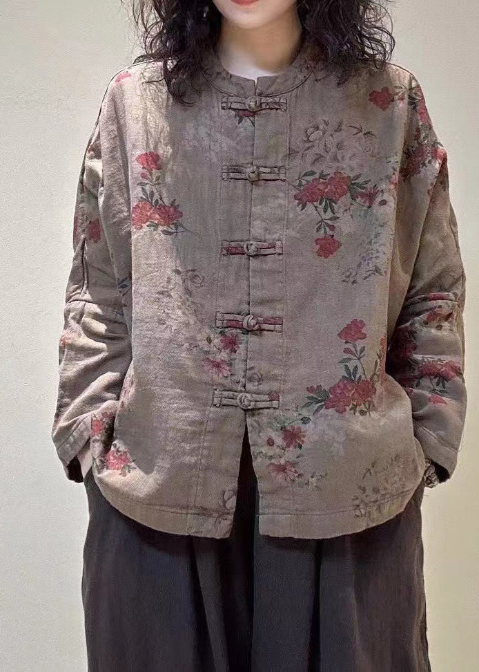 Mulberry Stand Collar Print Chinese Button Linen Blouses Spring