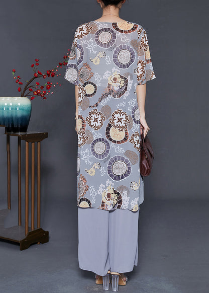 Handmade Grey Ruffled Print Chiffon Two Pieces Set Summer