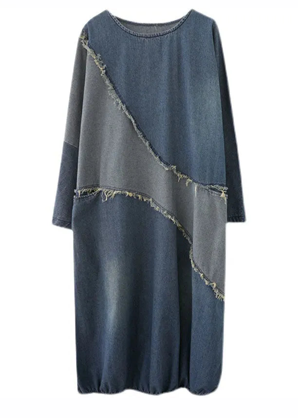O-neck Drawstring Patchwork Denim Maxi Dresses Fall