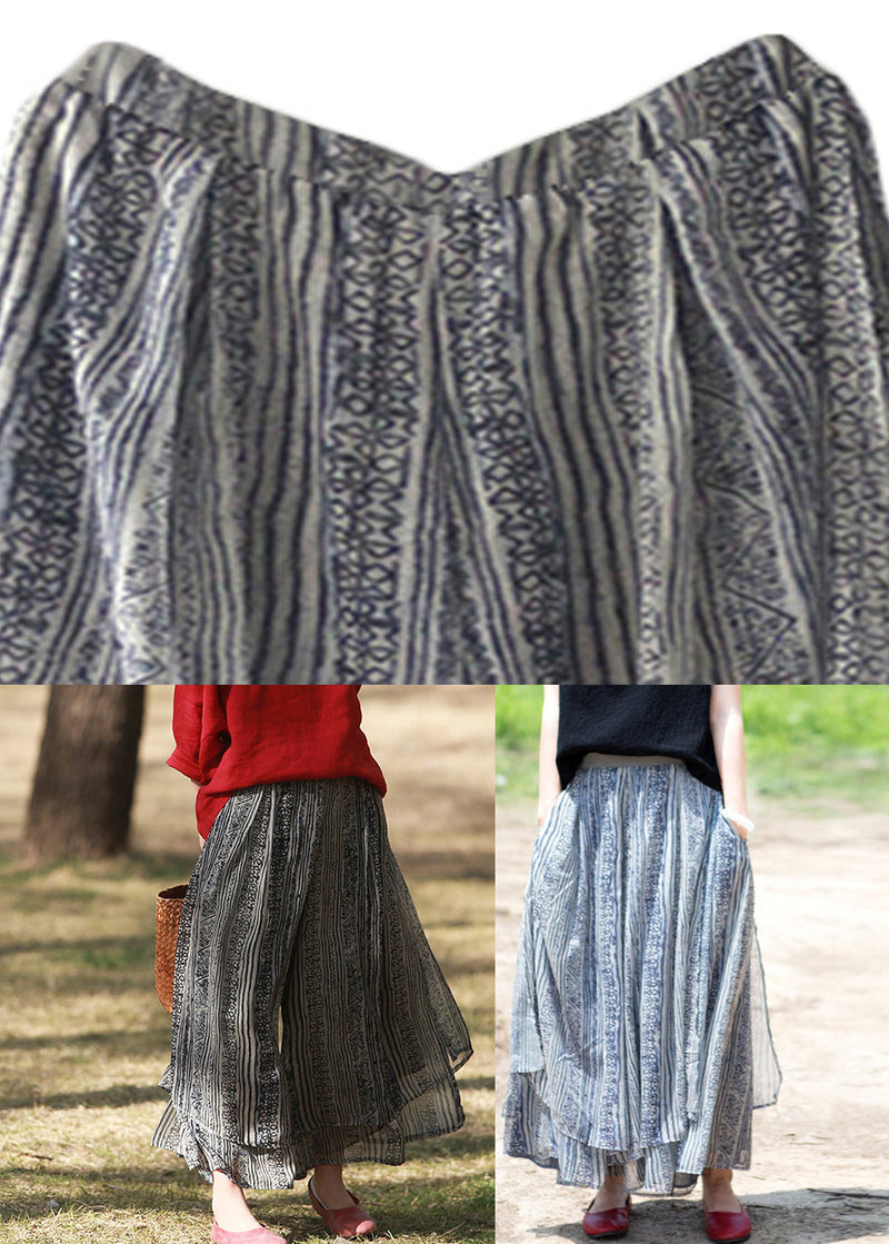 Blackish Blue Elastic Waist Silk Wide Leg Pants Skirt Summer