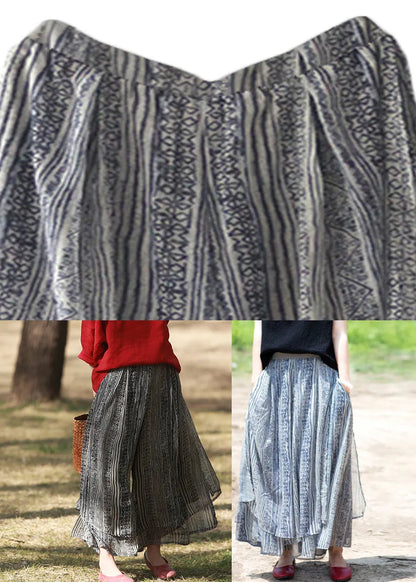 Blackish Blue Elastic Waist Silk Wide Leg Pants Skirt Summer