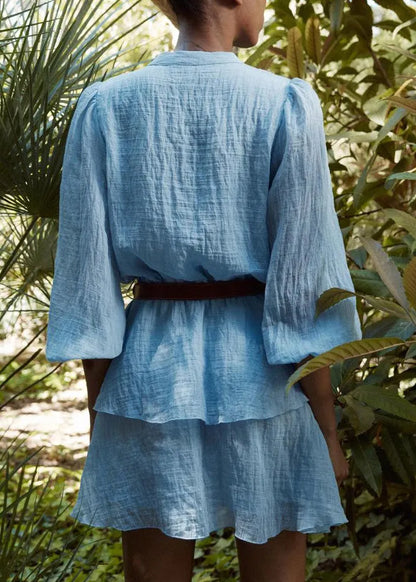 Blue V Neck Button Patchwork Cotton Short Dress Fall