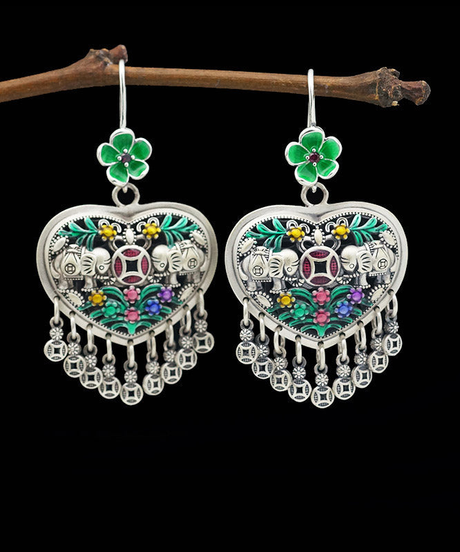 Green Sterling Silver Heart Tassel Drop Earrings