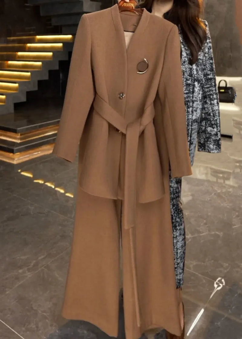 French Caramel Tie Waist Coats and Wide Leg Pants Two Piece Set Winter