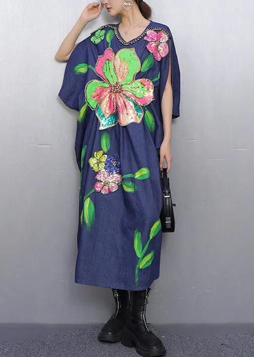 Style Blue Nail Bead Denim Holiday Dress Summer