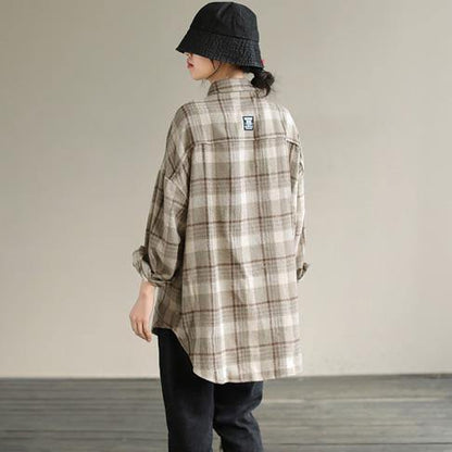 Lapel Patchwork Spring Tunic Pattern Design Khaik Plaid Shirt