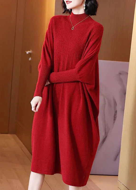 Red Turtleneck Cozy Cotton Knit Long Dresses Long Sleeve