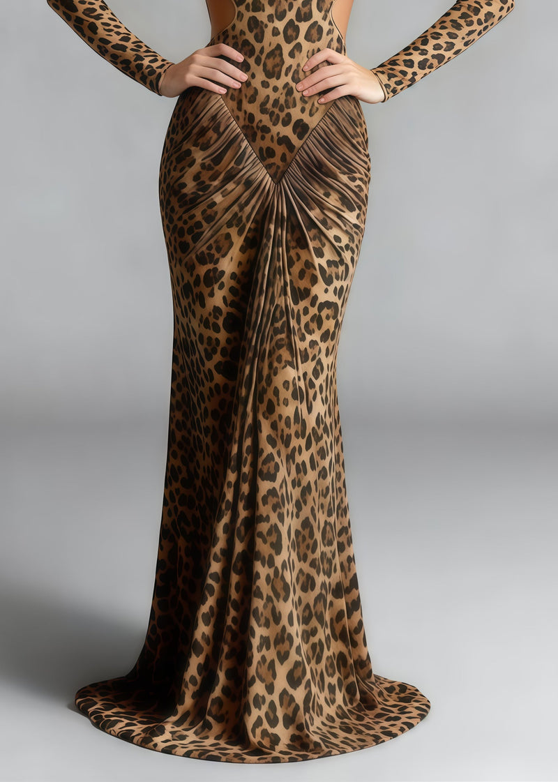 Silm Fit Leopard Print Backless Wrinkled Cotton Party Dress Spring