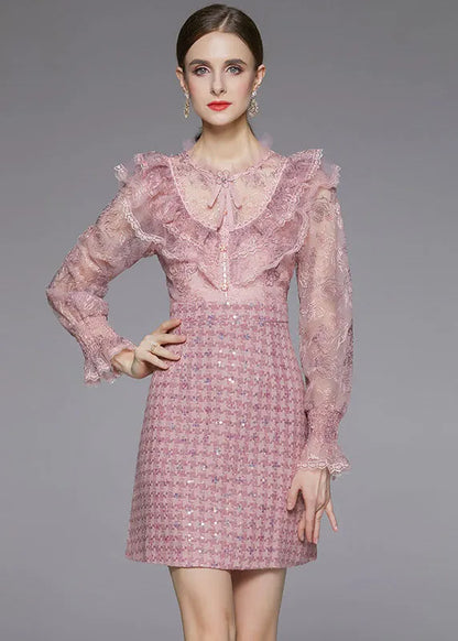 Pink Sequins Embroideried Patchwork Ruffles Dress Fall
