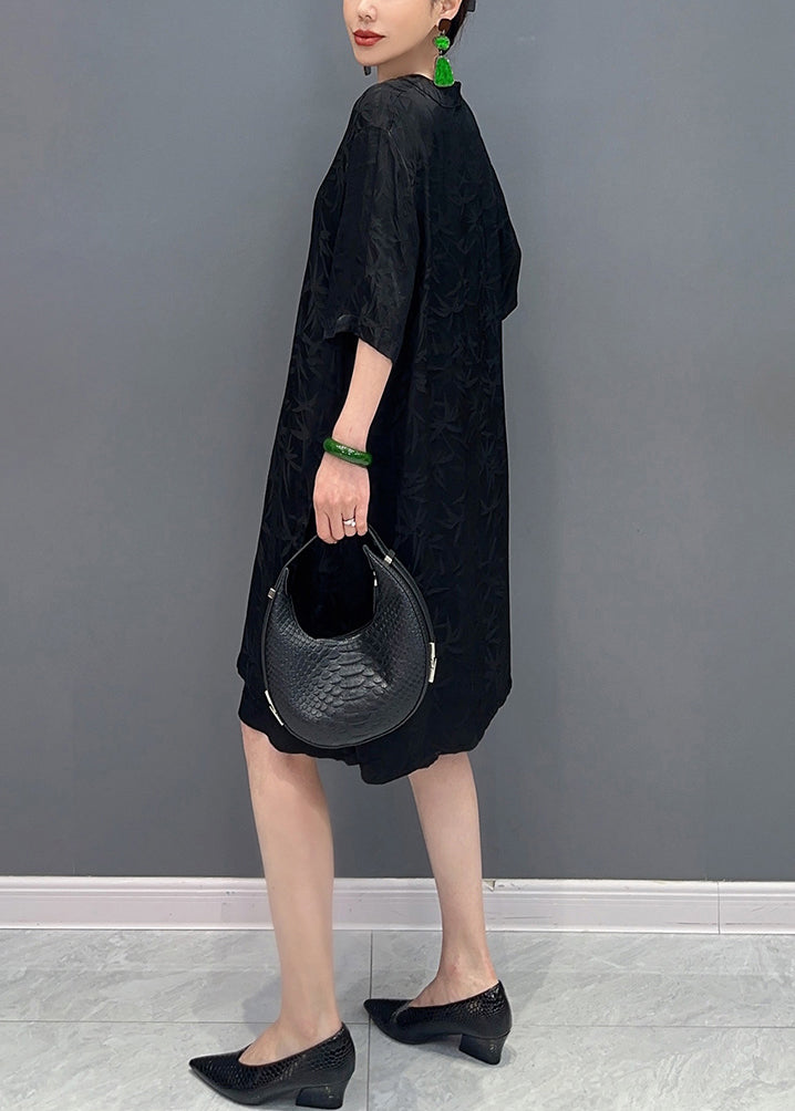 Black Shirts and Shorts Silk Two Pieces Set Chinese Button Summer