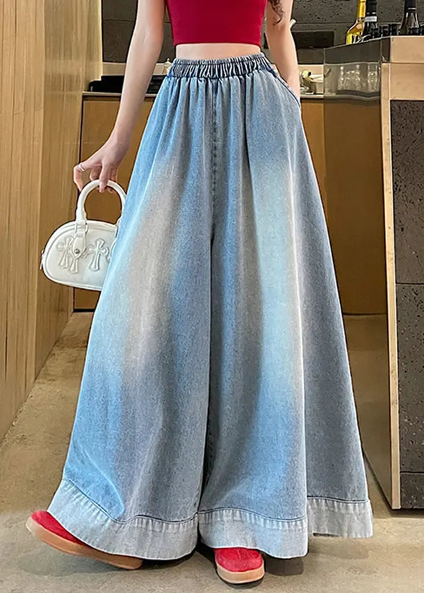 Blue Elastic Waist Pockets Wide Leg Jeans